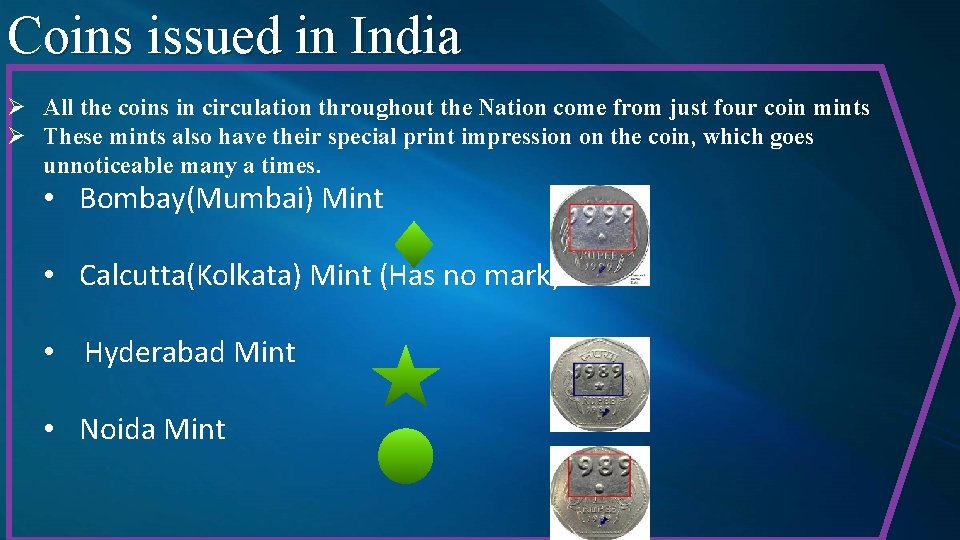 Coins issued in India Ø All the coins in circulation throughout the Nation come Coins issued in India Ø All the coins in circulation throughout the Nation come