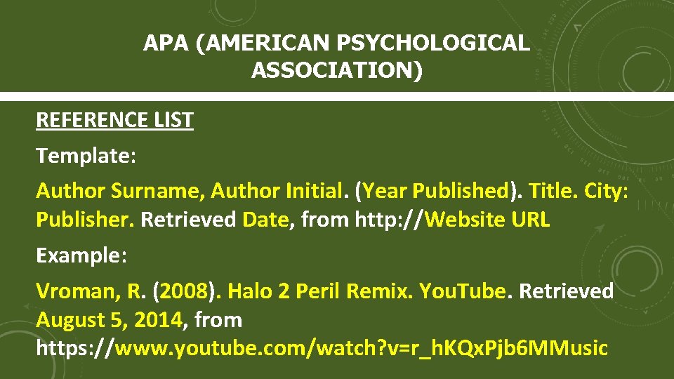 APA (AMERICAN PSYCHOLOGICAL ASSOCIATION) REFERENCE LIST Template: Author Surname, Author Initial. (Year Published). Title.