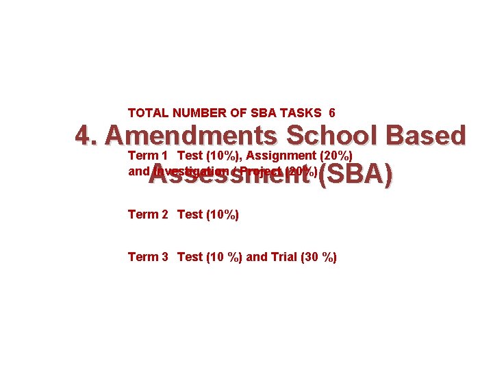 TOTAL NUMBER OF SBA TASKS 6 4. Amendments School Based Term 1 Test (10%),