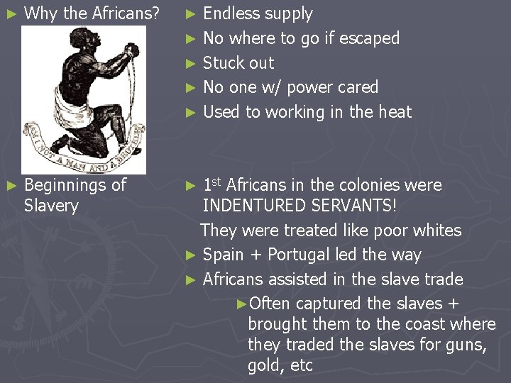 ► Why the Africans? ► Endless supply ► No where to go if escaped