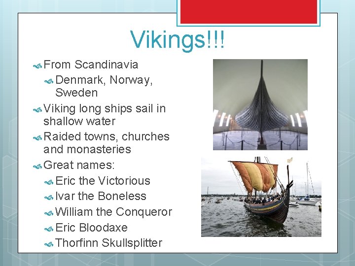 Vikings!!! From Scandinavia Denmark, Norway, Sweden Viking long ships sail in shallow water Raided