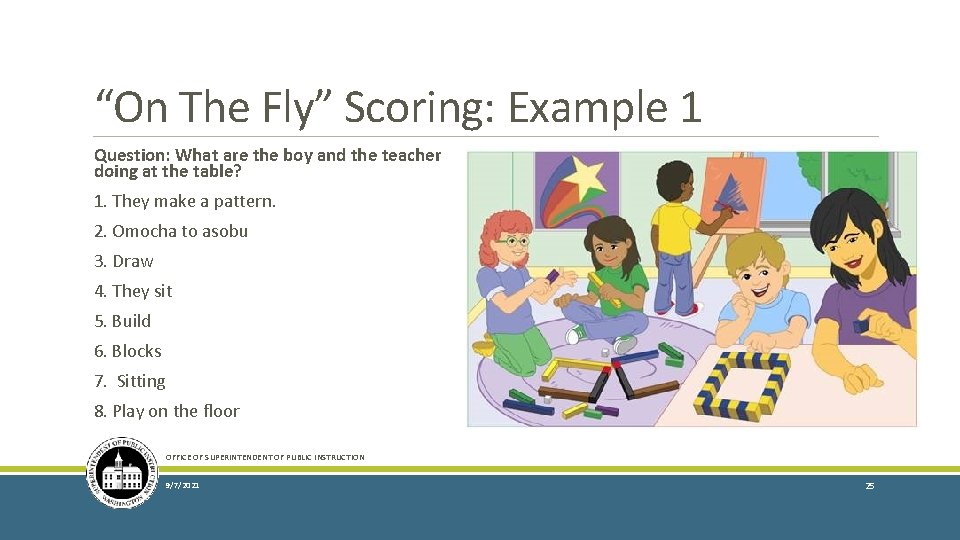 “On The Fly” Scoring: Example 1 Question: What are the boy and the teacher