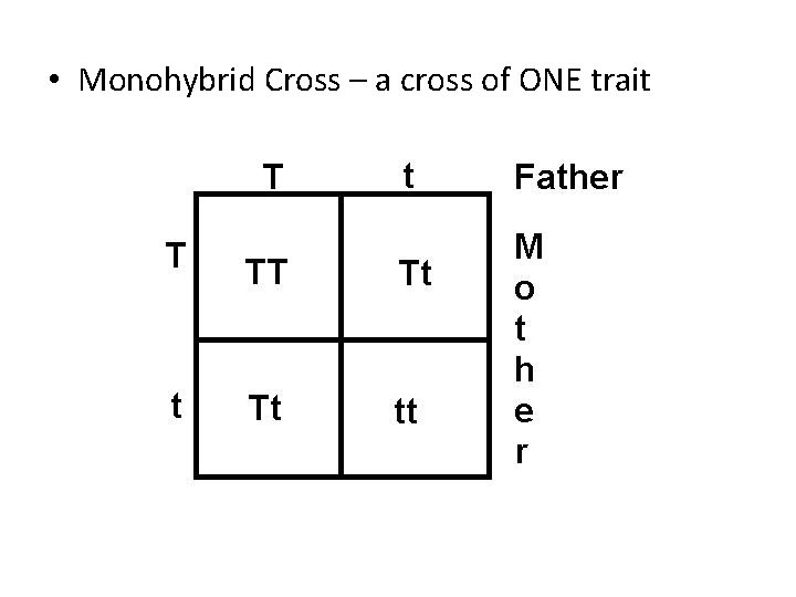  • Monohybrid Cross – a cross of ONE trait 