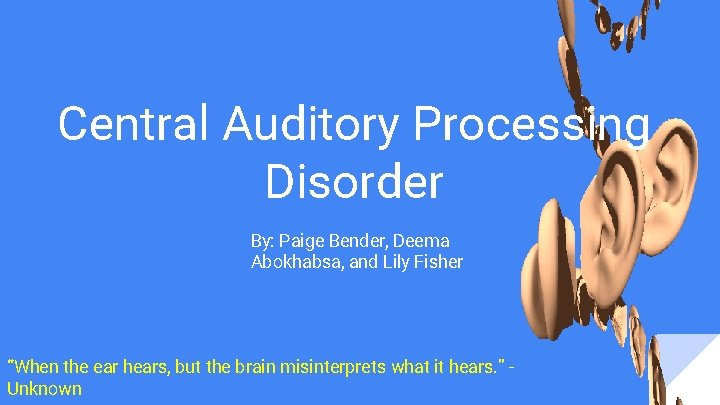 Central Auditory Processing Disorder By: Paige Bender, Deema Abokhabsa, and Lily Fisher “When the