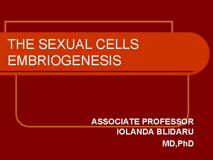 THE SEXUAL CELLS EMBRIOGENESIS ASSOCIATE PROFESSOR IOLANDA BLIDARU MD, Ph. D 