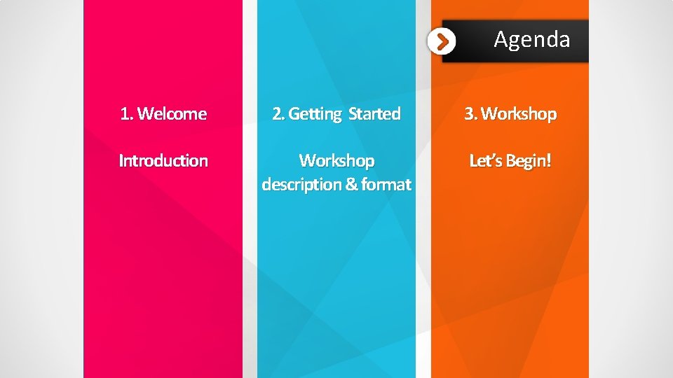 Agenda 1. Welcome 2. Getting Started 3. Workshop Introduction Workshop description & format Let’s