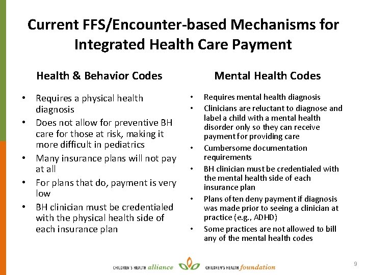 Current FFS/Encounter-based Mechanisms for Integrated Health Care Payment Health & Behavior Codes • Requires