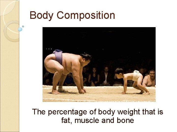 Body Composition The percentage of body weight that is fat, muscle and bone 