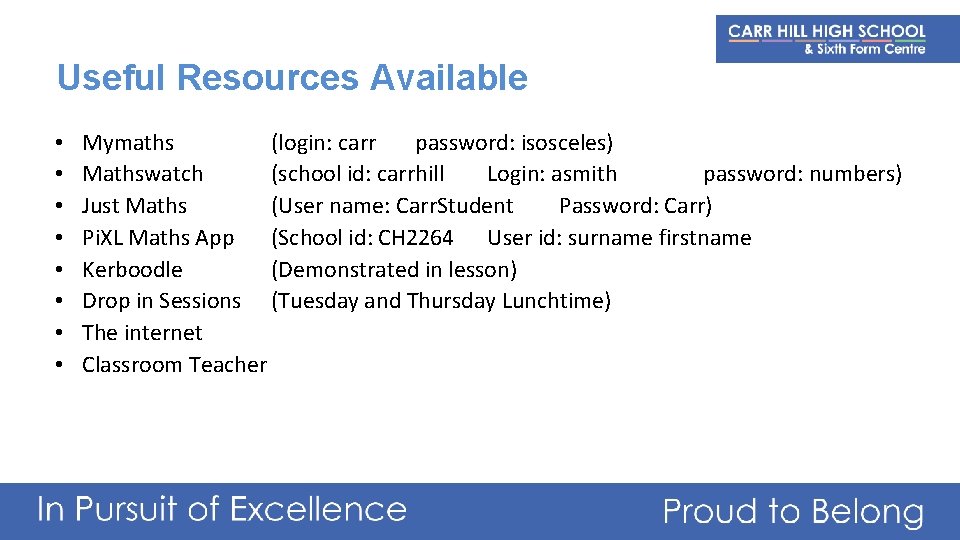 Useful Resources Available • • Mymaths (login: carr password: isosceles) Mathswatch (school id: carrhill