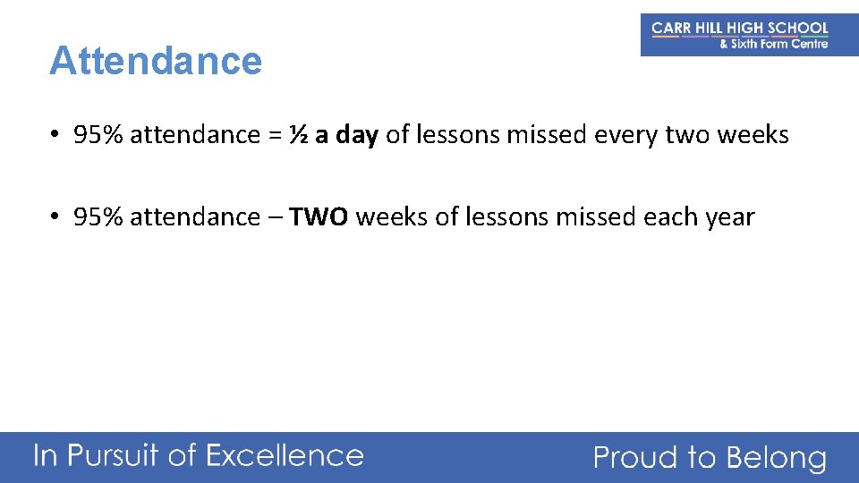 Attendance • 95% attendance = ½ a day of lessons missed every two weeks