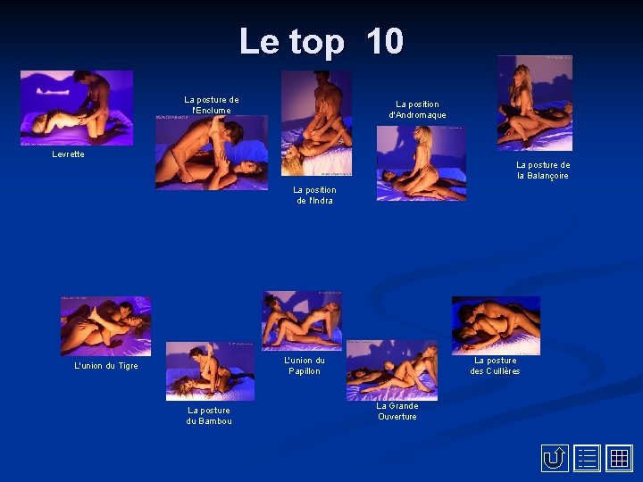 Le top 10 La posture de l'Enclume La position d'Andromaque Levrette La posture de