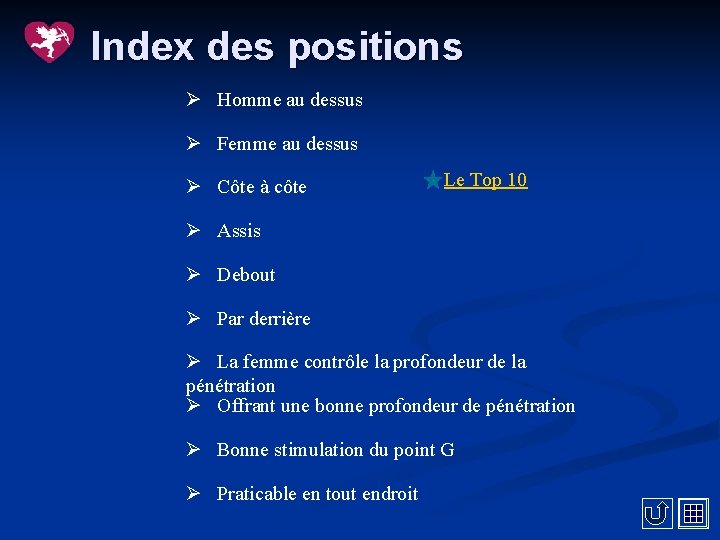 Index des positions Ø Homme au dessus Ø Femme au dessus Ø Côte à