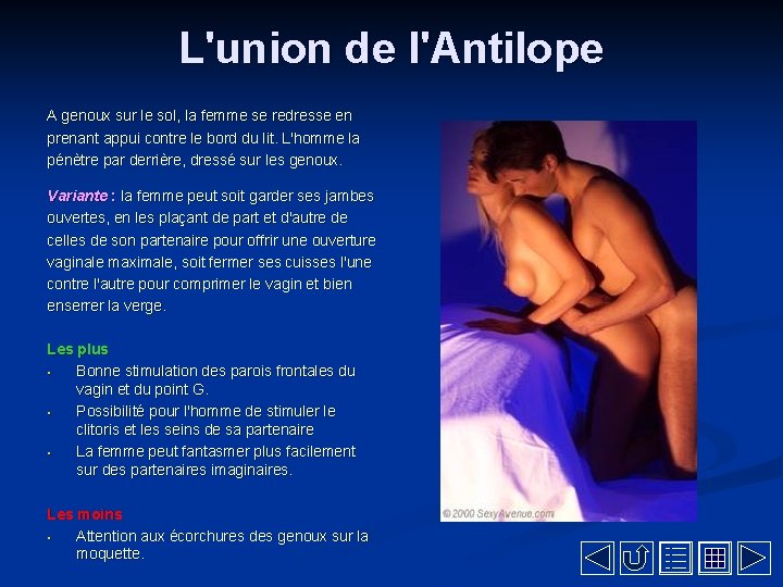 L'union de l'Antilope A genoux sur le sol, la femme se redresse en prenant