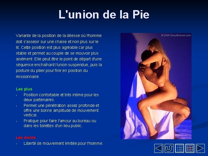 L'union de la Pie Variante de la position de la déesse où l'homme doit