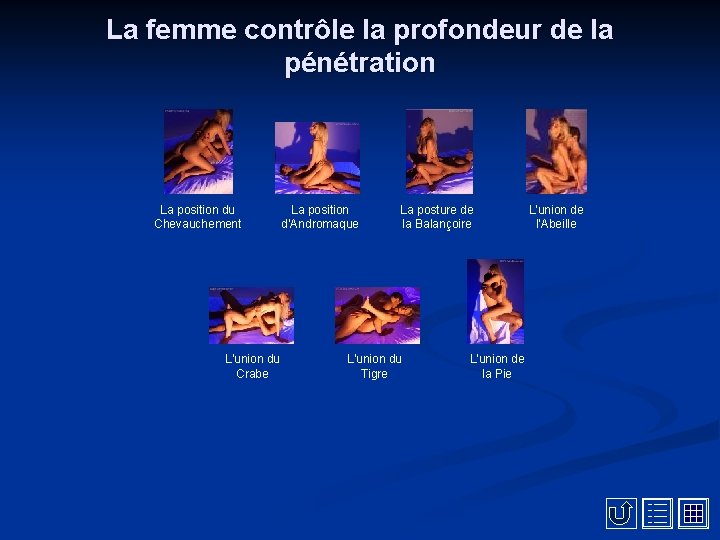 La femme contrôle la profondeur de la pénétration La position du Chevauchement L'union du