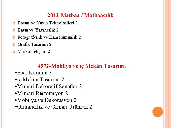 2012 -Matbaa / Matbaacılık Basım ve Yayın Teknolojileri 2 Basın ve Yayıncılık 2 Fotoğrafçılık