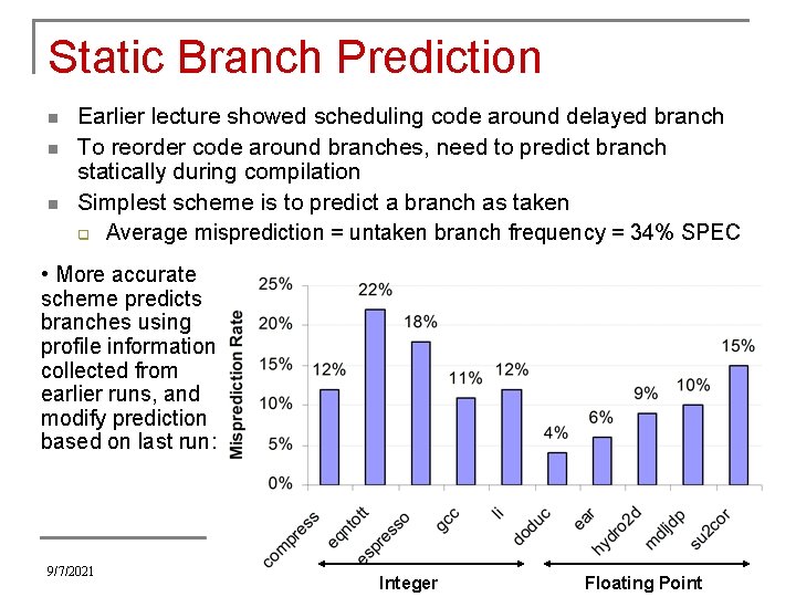 Static Branch Prediction n Earlier lecture showed scheduling code around delayed branch To reorder