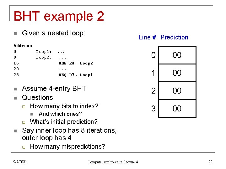 BHT example 2 n Given a nested loop: Address 0 Loop 1: 8 Loop