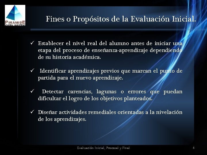 Fines o Propósitos de la Evaluación Inicial. ü Establecer el nivel real del alumno