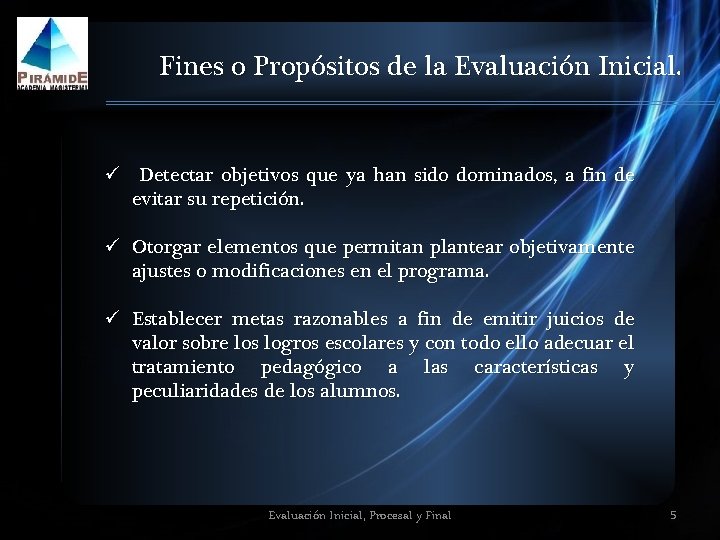 Fines o Propósitos de la Evaluación Inicial. ü Detectar objetivos que ya han sido