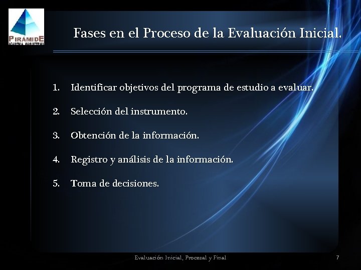 Fases en el Proceso de la Evaluación Inicial. 1. Identificar objetivos del programa de