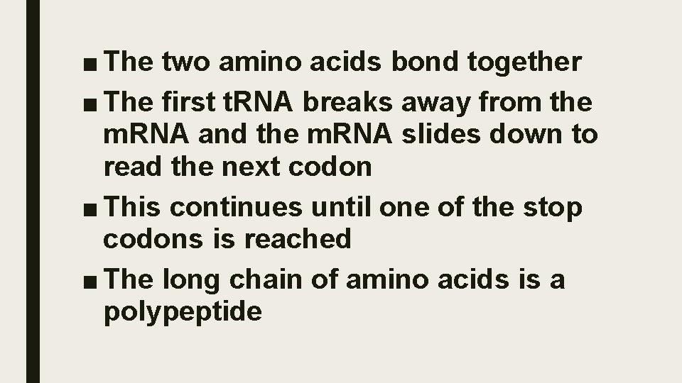 ■ The two amino acids bond together ■ The first t. RNA breaks away