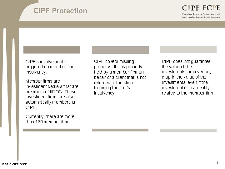 CIPF Protection CIPF’s involvement is triggered on member firm insolvency. Member firms are investment