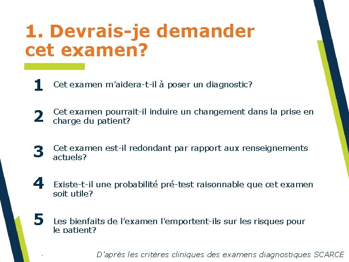 1. Devrais-je demander cet examen? 1 Cet examen m’aidera-t-il à poser un diagnostic? 2