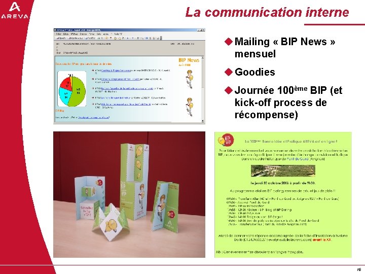 La communication interne u Mailing « BIP News » mensuel u Goodies u Journée