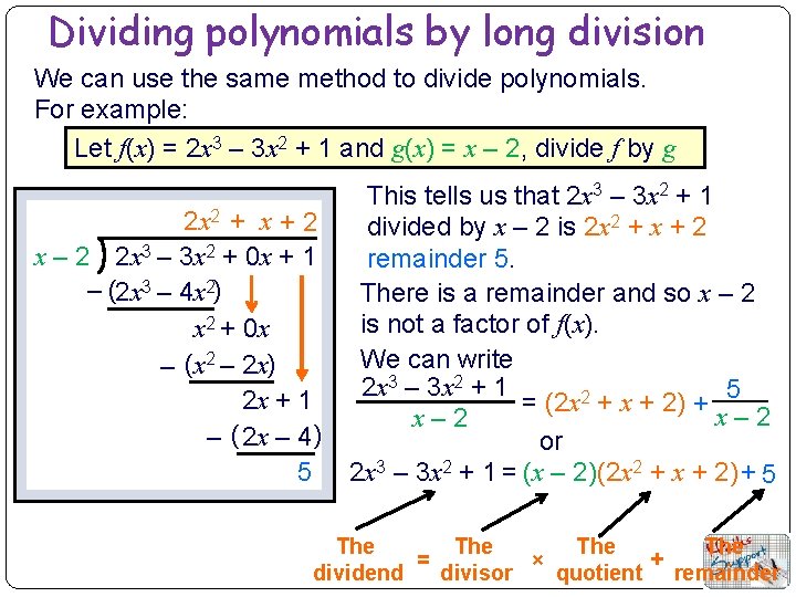 Dividing polynomials by long division We can use the same method to divide polynomials.