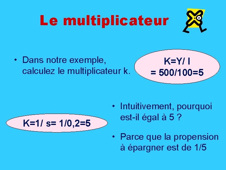 Le multiplicateur • Dans notre exemple, calculez le multiplicateur k. K=1/ s= 1/0, 2=5