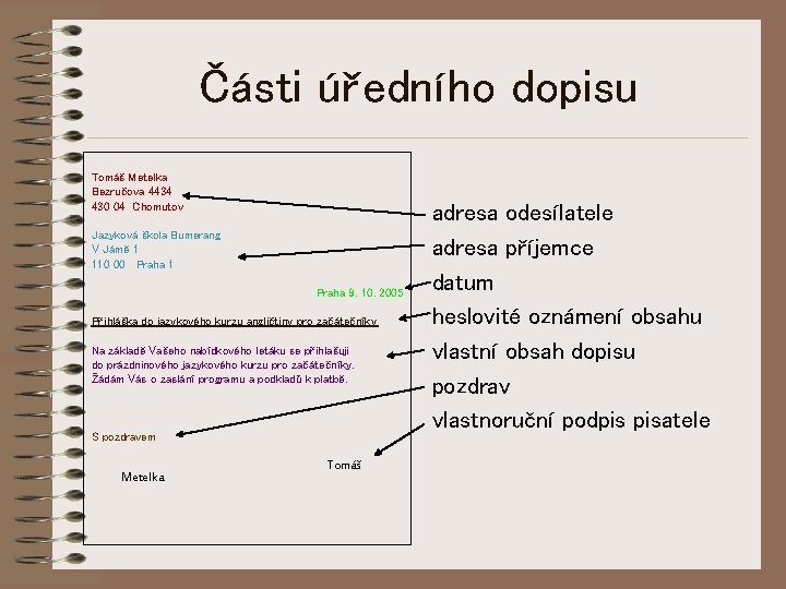 Části úředního dopisu Tomáš Metelka Bezručova 4434 430 04 Chomutov Jazyková škola Bumerang V