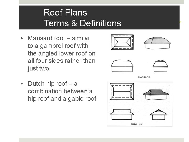 Roof Plans Terms & Definitions • Mansard roof – similar to a gambrel roof