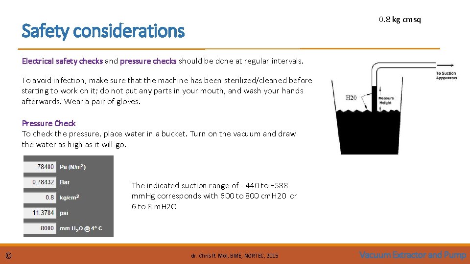 0. 8 kg cmsq Safety considerations Electrical safety checks and pressure checks should be