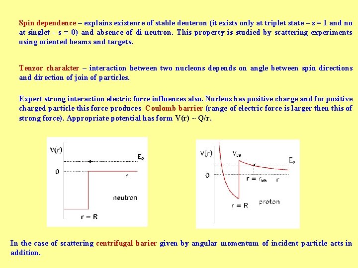 Spin dependence – explains existence of stable deuteron (it exists only at triplet state Spin dependence – explains existence of stable deuteron (it exists only at triplet state