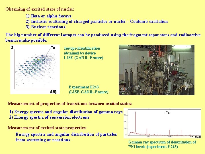 Obtaining of excited state of nuclei: 1) Beta or alpha decays 2) Inelastic scattering Obtaining of excited state of nuclei: 1) Beta or alpha decays 2) Inelastic scattering