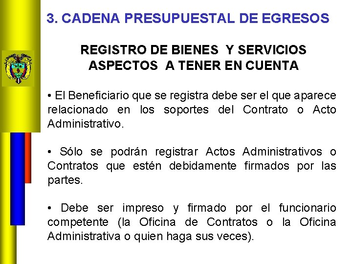 3. CADENA PRESUPUESTAL DE EGRESOS REGISTRO DE BIENES Y SERVICIOS ASPECTOS A TENER EN