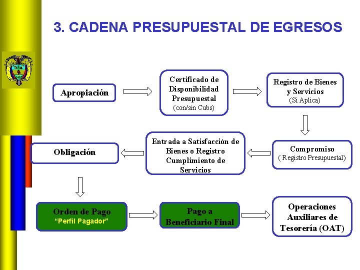 3. CADENA PRESUPUESTAL DE EGRESOS Apropiación Certificado de Disponibilidad Presupuestal (con/sin Cubs) Obligación Orden