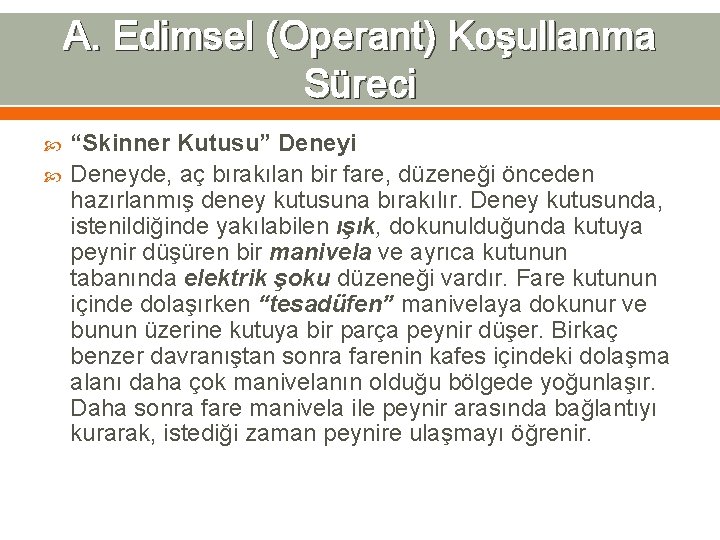 A. Edimsel (Operant) Koşullanma Süreci “Skinner Kutusu” Deneyi Deneyde, aç bırakılan bir fare, düzeneği