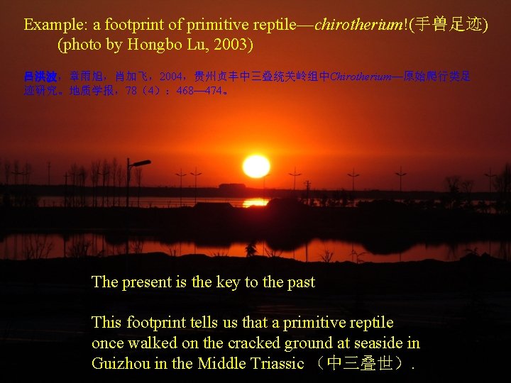 Example: a footprint of primitive reptile—chirotherium!(手兽足迹) (photo by Hongbo Lu, 2003) 吕洪波,章雨旭,肖加飞,2004,贵州贞丰中三叠统关岭组中Chirotherium—原始爬行类足 迹研究。地质学报,78(4): 468— Example: a footprint of primitive reptile—chirotherium!(手兽足迹) (photo by Hongbo Lu, 2003) 吕洪波,章雨旭,肖加飞,2004,贵州贞丰中三叠统关岭组中Chirotherium—原始爬行类足 迹研究。地质学报,78(4): 468—