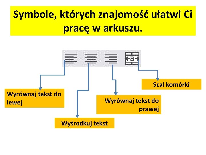 Symbole, których znajomość ułatwi Ci pracę w arkuszu. Scal komórki Wyrównaj tekst do lewej