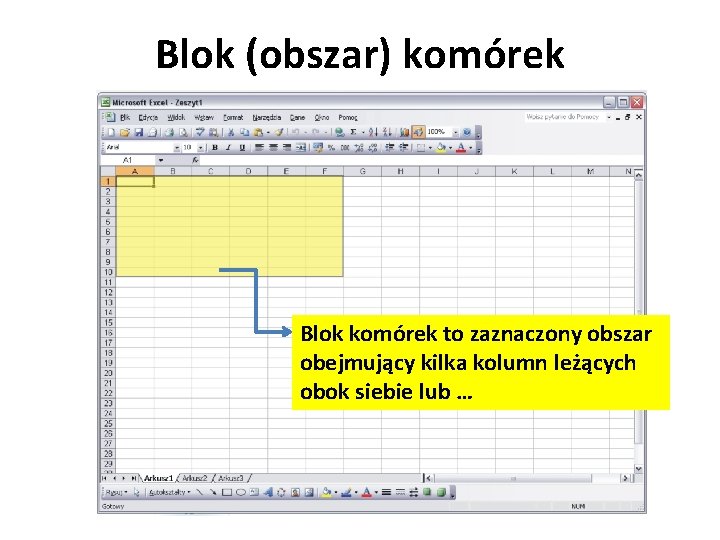 Blok (obszar) komórek Blok komórek to zaznaczony obszar obejmujący kilka kolumn leżących obok siebie