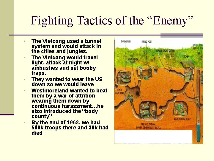 Fighting Tactics of the “Enemy” • • • The Vietcong used a tunnel system