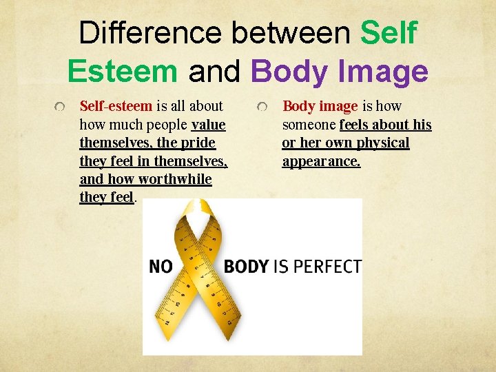 Difference between Self Esteem and Body Image Self-esteem is all about how much people