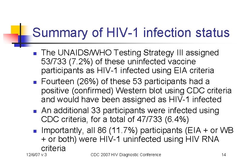 Summary of HIV-1 infection status n n The UNAIDS/WHO Testing Strategy III assigned 53/733