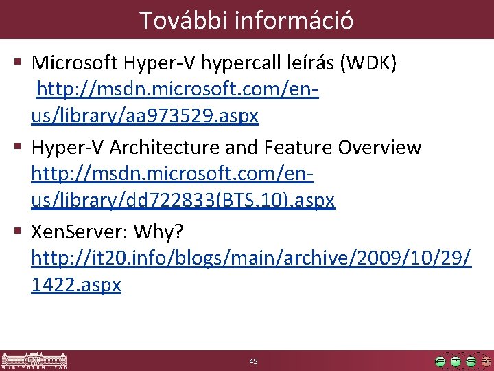 További információ § Microsoft Hyper-V hypercall leírás (WDK) http: //msdn. microsoft. com/enus/library/aa 973529. aspx