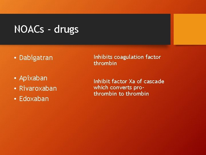 NOACs - drugs • Dabigatran Inhibits coagulation factor thrombin • Apixaban • Rivaroxaban •