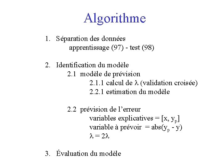 Algorithme 1. Séparation des données apprentissage (97) - test (98) 2. Identification du modèle