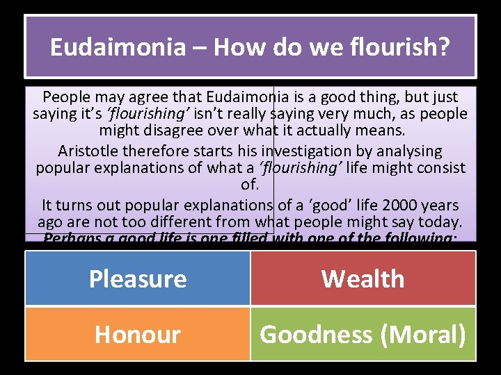 Eudaimonia – How do we flourish? People may agree that Eudaimonia is a good