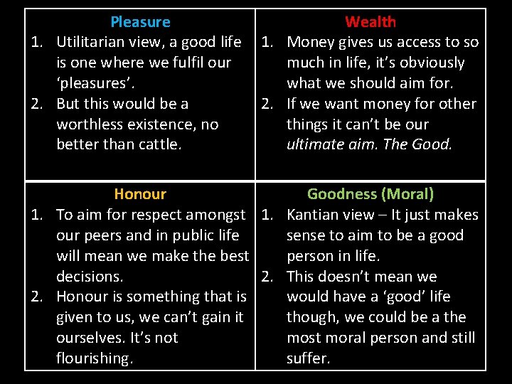 Pleasure 1. Utilitarian view, a good life is one where we fulfil our ‘pleasures’.